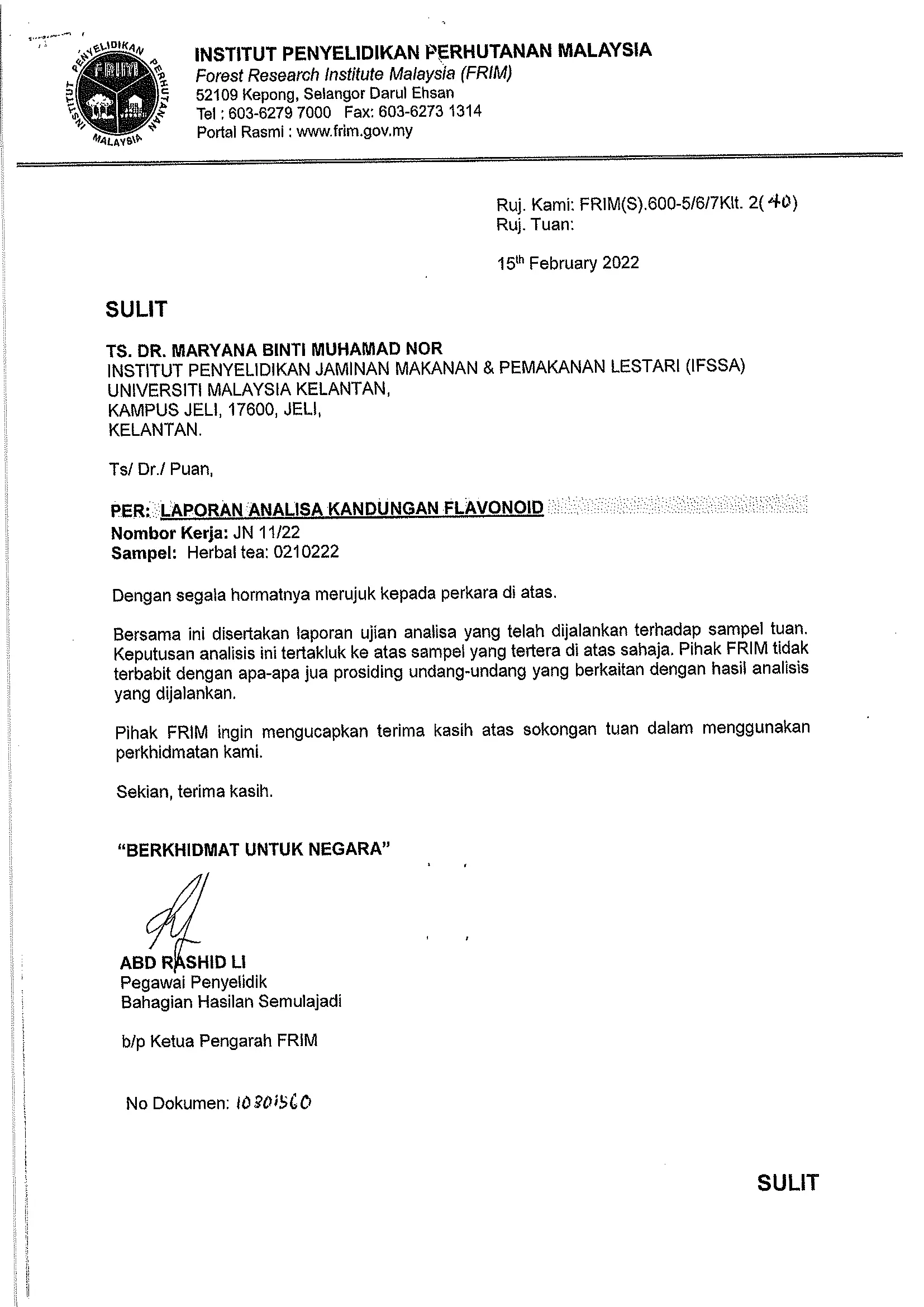 Analisis kandungan flavanoid disahkan oleh FRIM